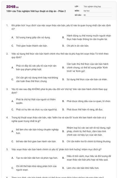 100+ câu Trắc nghiệm Viết học thuật có đáp án - Phần 2