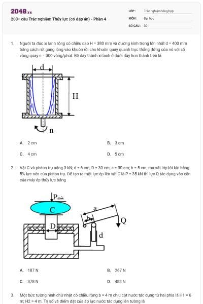 200+ câu Trắc nghiệm Thủy lực (có đáp án) - Phần 4