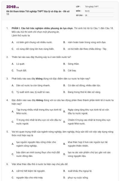 Đề thi tham khảo Tốt nghiệp THPT Địa lý có đáp án - Đề số 11