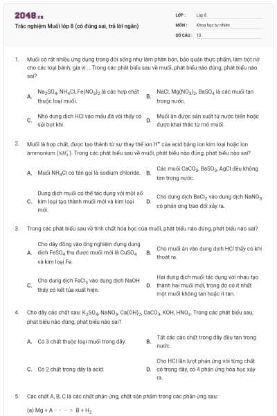 Trắc nghiệm Muối lớp 8 (có đúng sai, trả lời ngắn)