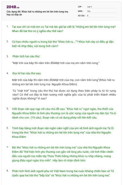Các dạng đề: Khúc hát ru những em bé lớn trên lưng mẹ hay có đáp án