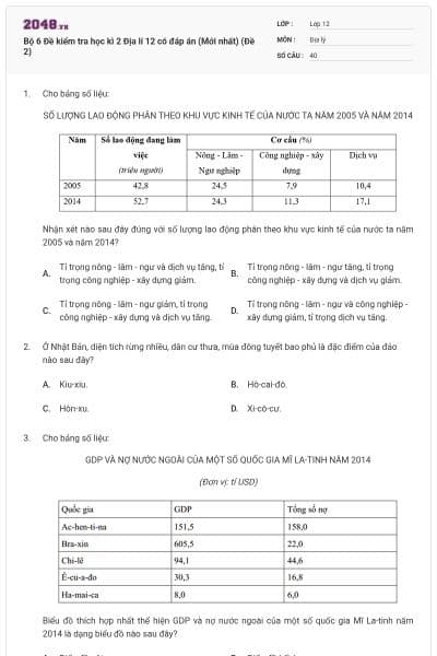 Bộ 6  Đề kiểm tra học kì 2 Địa lí 12 có đáp án (Mới nhất) (Đề 2)