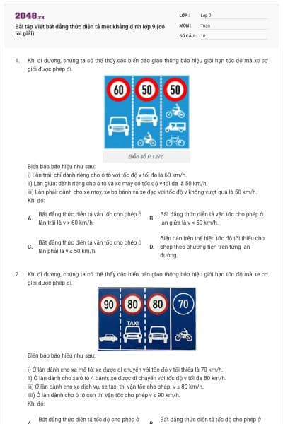 Bài tập Viết bất đẳng thức diễn tả một khẳng định lớp 9 (có lời giải)