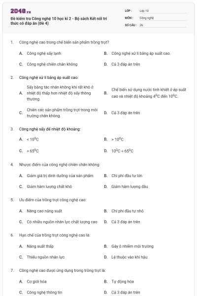 Đề kiểm tra Công nghệ 10 học kì 2 - Bộ sách Kết nối tri thức có đáp án (Đề 4)