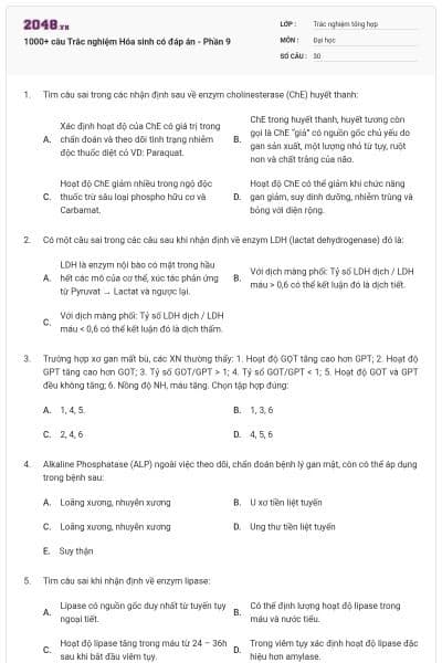 1000+ câu Trắc nghiệm Hóa sinh có đáp án - Phần 9