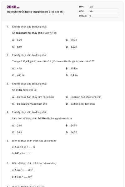 Trắc nghiệm Ôn tập số thập phân lớp 5 (có đáp án)