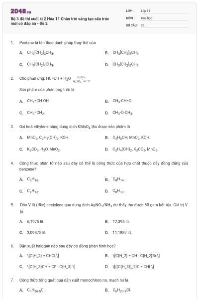 Bộ 3 đề thi cuối kì 2 Hóa 11 Chân trời sáng tạo cấu trúc mới có đáp án - Đề 2