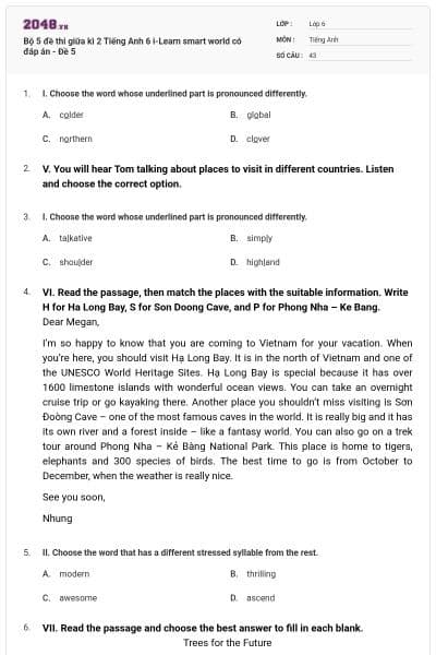 Bộ 5 đề thi giữa kì 2 Tiếng Anh 6 i-Learn smart world có đáp án - Đề 5