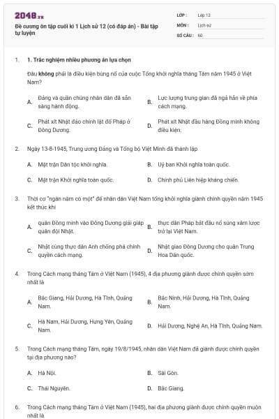 Đề cương ôn tập cuối kì 1 Lịch sử 12 (có đáp án) - Bài tập tự luyện