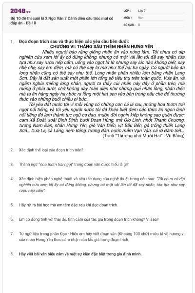 Bộ 10 đề thi cuối kì 2 Ngữ Văn 7 Cánh diều cấu trúc mới có đáp án - Đề 10