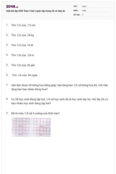 Giải bài tập SGK Toán 3 bài Luyện tập trang 26 có đáp án