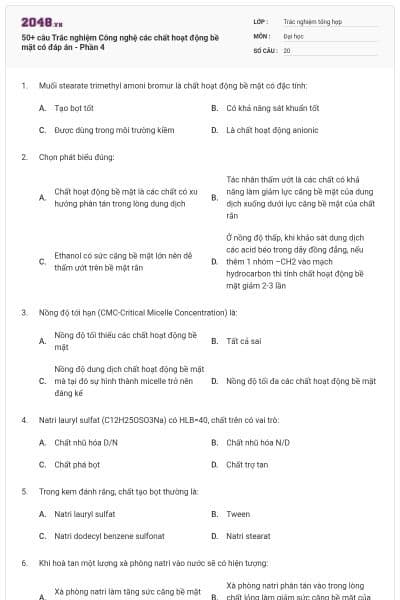 50+ câu Trắc nghiệm Công nghệ các chất hoạt động bề mặt có đáp án - Phần 4