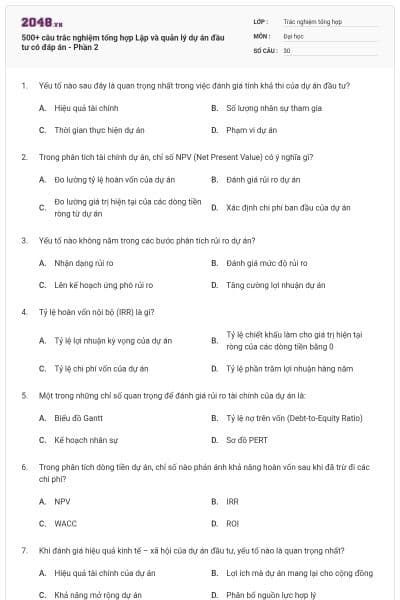 500+ câu trắc nghiệm tổng hợp Lập và quản lý dự án đầu tư có đáp án - Phần 2