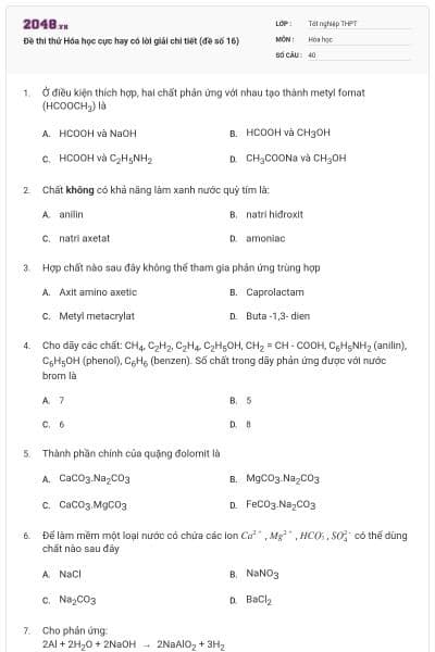 Đề thi thử Hóa học cực hay có lời giải chi tiết (đề số 16)