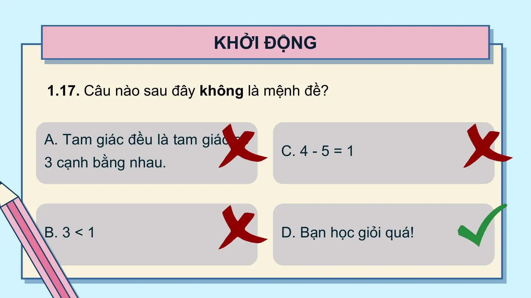 KHỞI ĐỘNG

1.17. Câu nào sau đây không là mệnh đề?

A. Tam giác đều là tam giác có
 C. 4 - 5 = 1
3 cạnh bằng nhau.

B. 3 < 1 D. Bạn học giỏi quá!