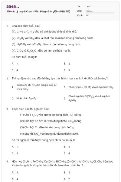 310 câu Lý thuyết Crom - Sắt - Đồng có lời giải chi tiết (P9)