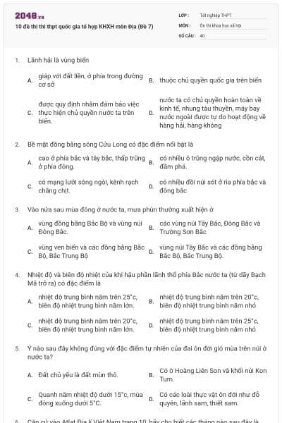 10 đề thi thi thpt quốc gia tổ hợp KHXH môn Địa (Đề 7)
