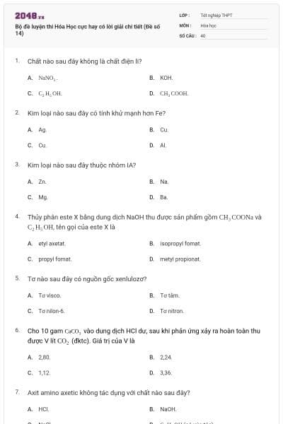 Bộ đề luyện thi Hóa Học cực hay có lời giải chi tiết (Đề số 14)