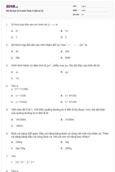 Đề thi học kì II môn Toán 4 (đề số 3)