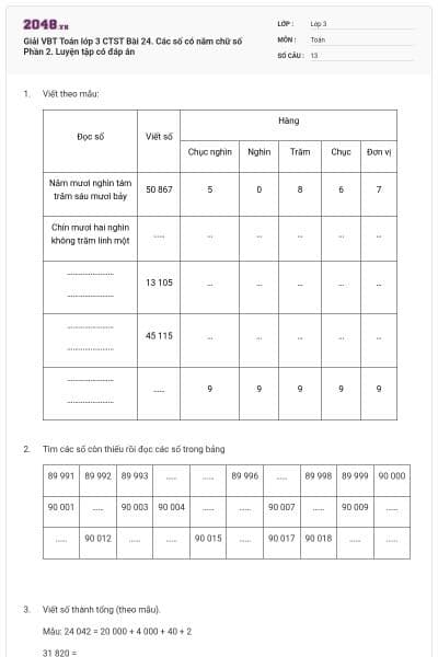 Giải VBT Toán lớp 3 CTST Bài 24. Các số có năm chữ số Phần 2. Luyện tập có đáp án