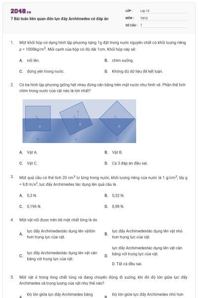 7 Bài toán liên quan đến lực đẩy Archimedes có đáp án