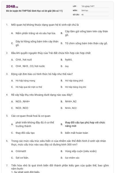 Đề ôn luyện thi THPTQG Sinh Học có lời giải (Đề số 11)