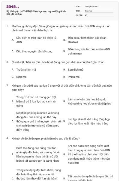 Bộ đề luyện thi THPTQG Sinh học cực hay có lời giải chi tiết (đề số 26)