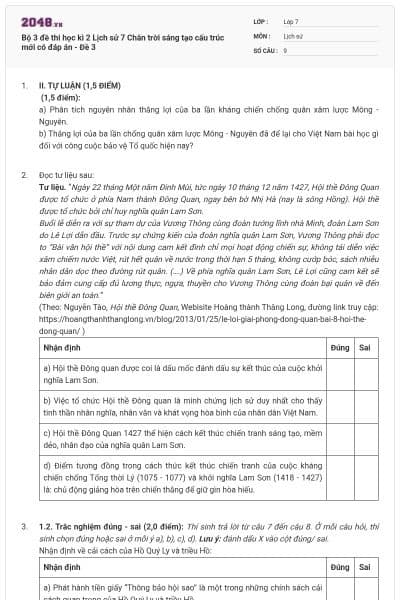 Bộ 3 đề thi học kì 2 Lịch sử 7 Chân trời sáng tạo cấu trúc mới có đáp án - Đề 3