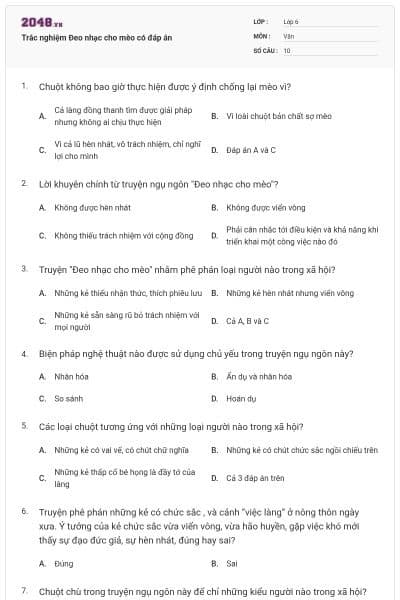 Trắc nghiệm Đeo nhạc cho mèo có đáp án