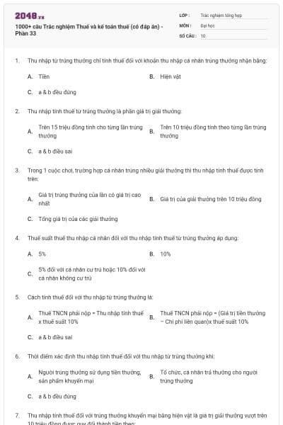 1000+ câu Trắc nghiệm Thuế và kế toán thuế (có đáp án) - Phần 33