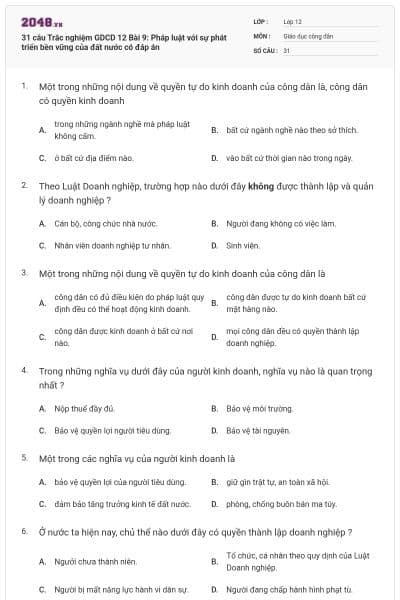 31 câu Trắc nghiệm GDCD 12 Bài 9: Pháp luật với sự phát triển bền vững của đất nước có đáp án