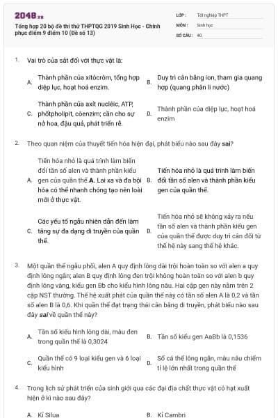 Tổng hợp 20 bộ đề thi thử THPTQG 2019 Sinh Học - Chinh phục điểm 9 điểm 10 (Đề số 13)