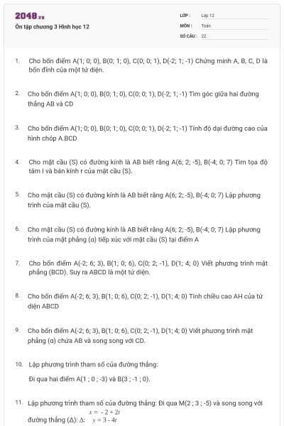 Ôn tập chương 3 Hình học 12
