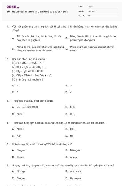 Bộ 3 đề thi cuối kì 1 Hóa 11 Cánh diều có đáp án - Đề 1