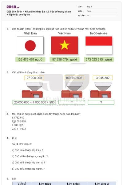 Giải SGK Toán 4 Kết nối tri thức Bài 12: Các số trong phạm vi lớp triệu có đáp án