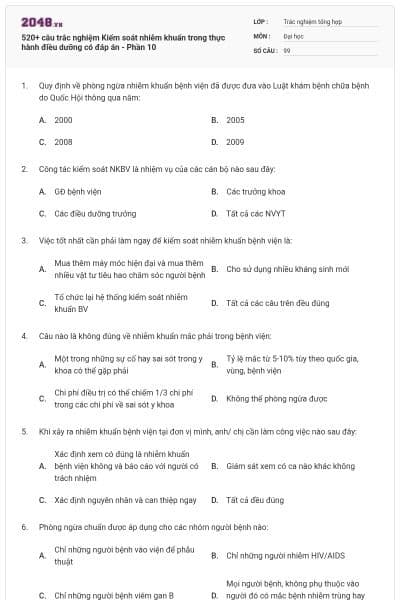 520+ câu trắc nghiệm Kiểm soát nhiễm khuẩn trong thực hành điều dưỡng có đáp án - Phần 10
