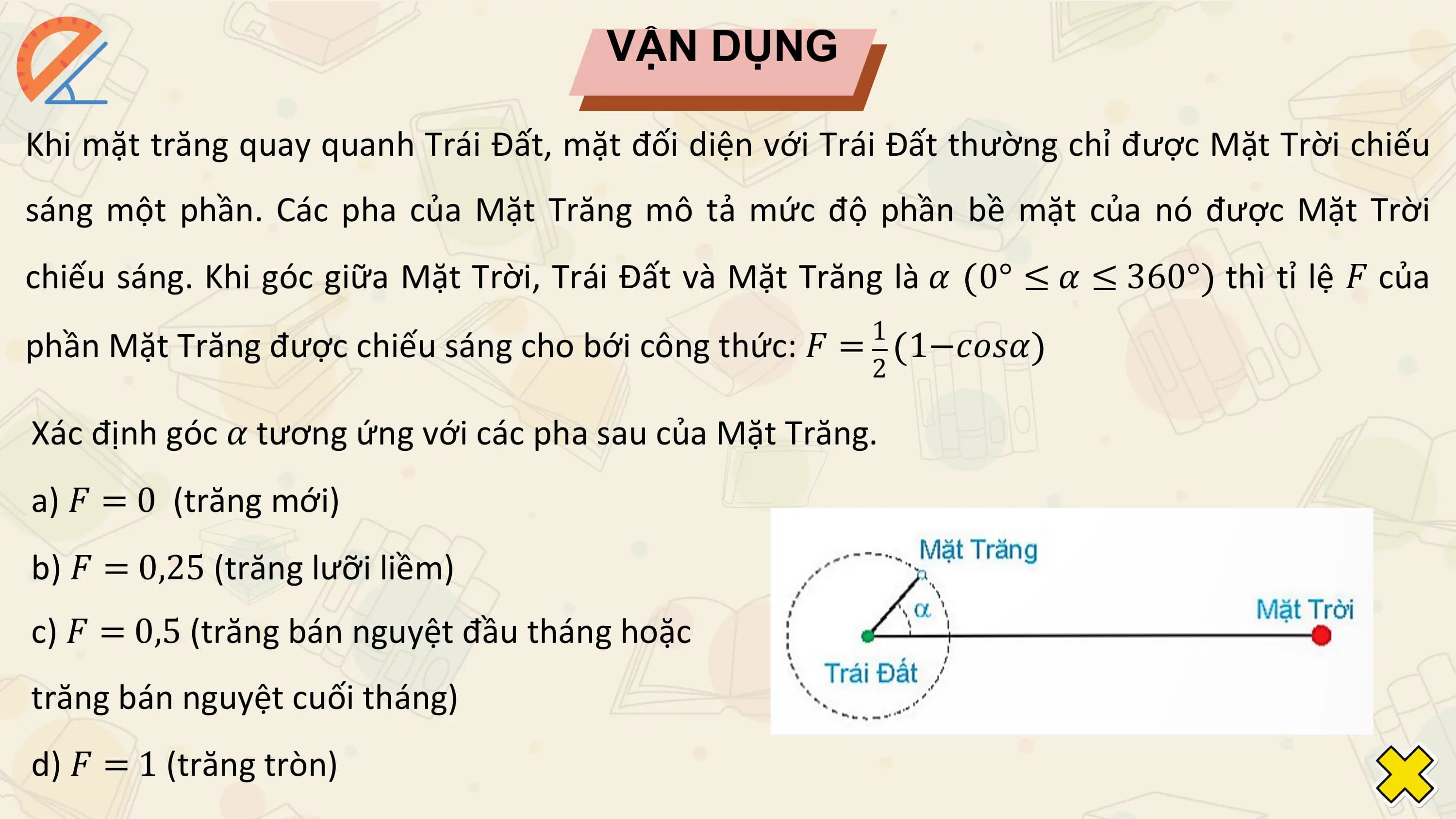 VẬN DỤNG

Khi mặt trăng quay quanh Trái Đất, mặt đối diện với Trái Đất thường chỉ được Mặt Trời chiếu
sáng một phần. Các pha của Mặt Trăng mô tả mức độ phần bề mặt của nó được Mặt Trời
chiếu sáng. Khi góc giữa Mặt Trời, Trái Đất và Mặt Trăng là 𝛼 0° ≤ 𝛼 ≤ 360° thì tỉ lệ 𝐹 của
 1
phần Mặt Trăng được chiếu sáng cho bới công thức: 𝐹 = 1−𝑐𝑜𝑠𝛼
 2

Xác định góc 𝛼 tương ứng với các pha sau của Mặt Trăng.
a) 𝐹 = 0 (trăng mới)
b) 𝐹 = 0,25 (trăng lưỡi liềm)
c) 𝐹 = 0,5 (trăng bán nguyệt đầu tháng hoặc
trăng bán nguyệt cuối tháng)
d) 𝐹 = 1 (trăng tròn)