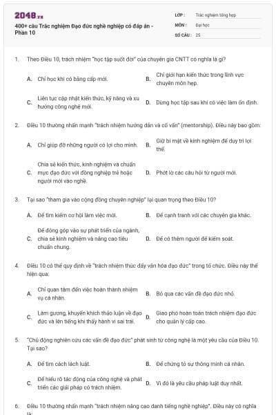 400+ câu Trắc nghiệm Đạo đức nghề nghiệp có đáp án - Phần 10