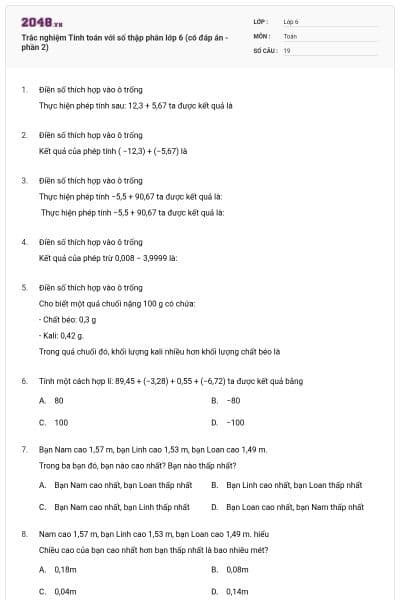 Trắc nghiệm Tính toán với số thập phân lớp 6 (có đáp án - phần 2)
