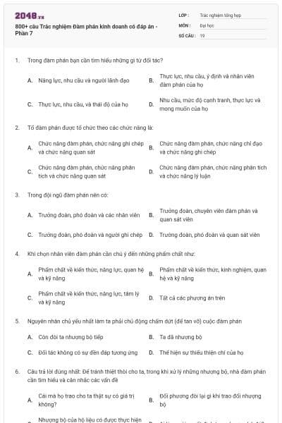 800+ câu Trắc nghiệm Đàm phán kinh doanh có đáp án - Phần 7