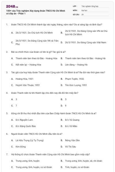 100+ câu Trắc nghiệm Xây dựng Đoàn TNCS Hồ Chí Minh có đáp án - Phần 1