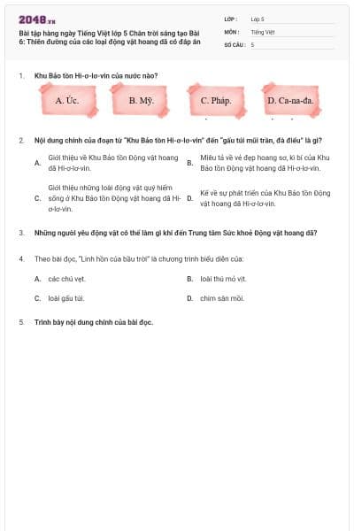 Bài tập hàng ngày Tiếng Việt lớp 5 Chân trời sáng tạo Bài 6: Thiên đường của các loại động vật hoang dã có đáp án