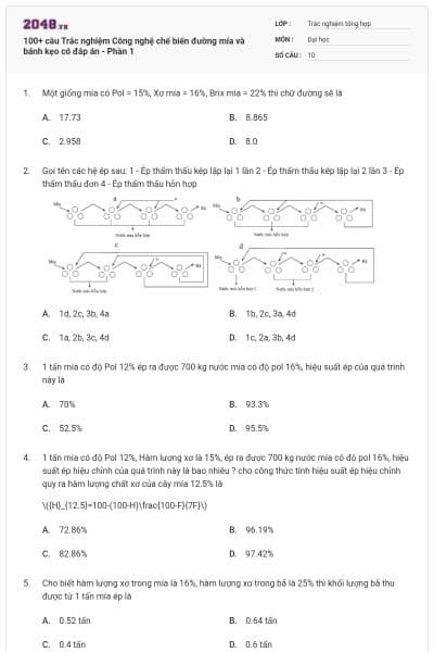 100+ câu Trắc nghiệm Công nghệ chế biến đường mía và bánh kẹo có đáp án - Phần 1