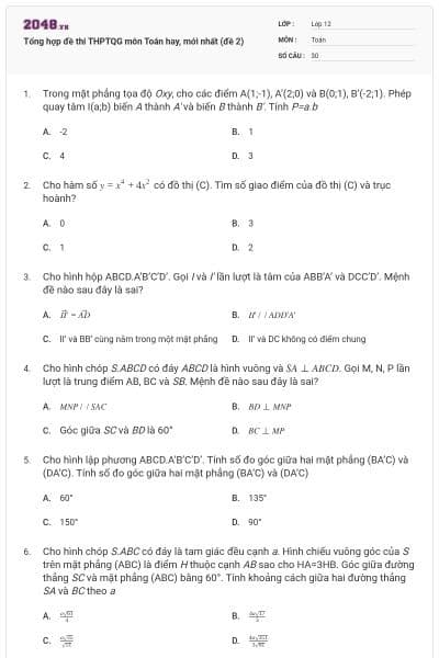 Tổng hợp đề thi THPTQG môn Toán hay, mới nhất (đề 2)
