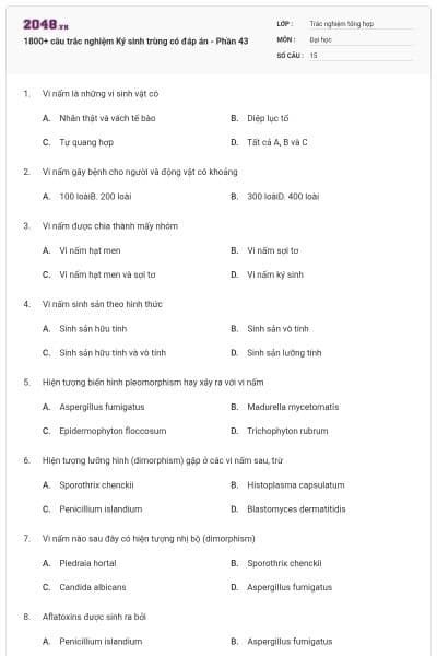1800+ câu trắc nghiệm Ký sinh trùng có đáp án - Phần 43
