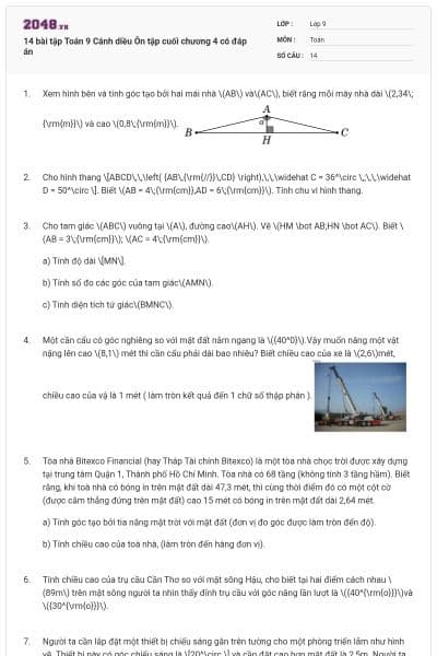 14 bài tập Toán 9 Cánh diều Ôn tập cuối chương 4 có đáp án