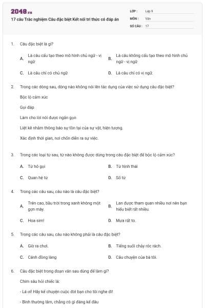 17 câu Trắc nghiệm Câu đặc biệt Kết nối tri thức có đáp án