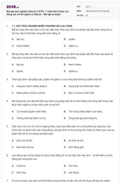 Bài tập trắc nghiệm Giữa kì 2 KTPL 11 Kết nối tri thức  (có đúng sai, trả lời ngắn) có đáp án - Bài tập tự luyện