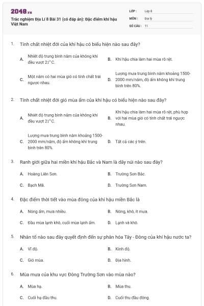 Trắc nghiệm Địa Lí 8 Bài 31 (có đáp án): Đặc điểm khí hậu Việt Nam