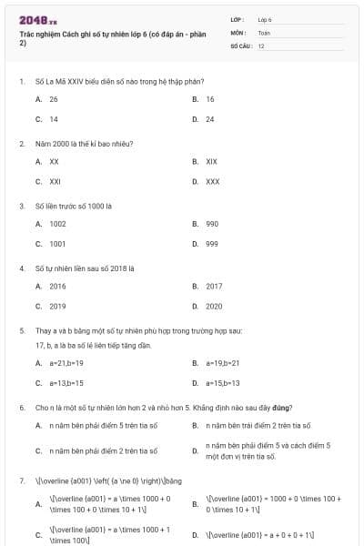 Trắc nghiệm Cách ghi số tự nhiên lớp 6 (có đáp án - phần 2)